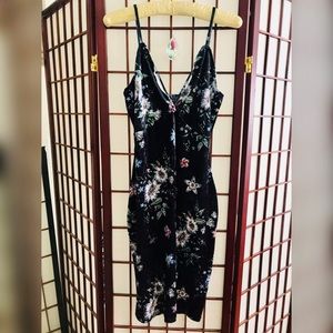 Blue velvet floral print dress w/ strappy neckline